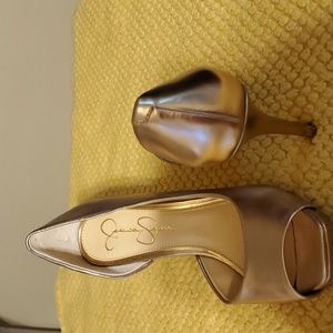 Jessica Simpson gold open toe 3.5 inch heels.  Worn once with box size 8